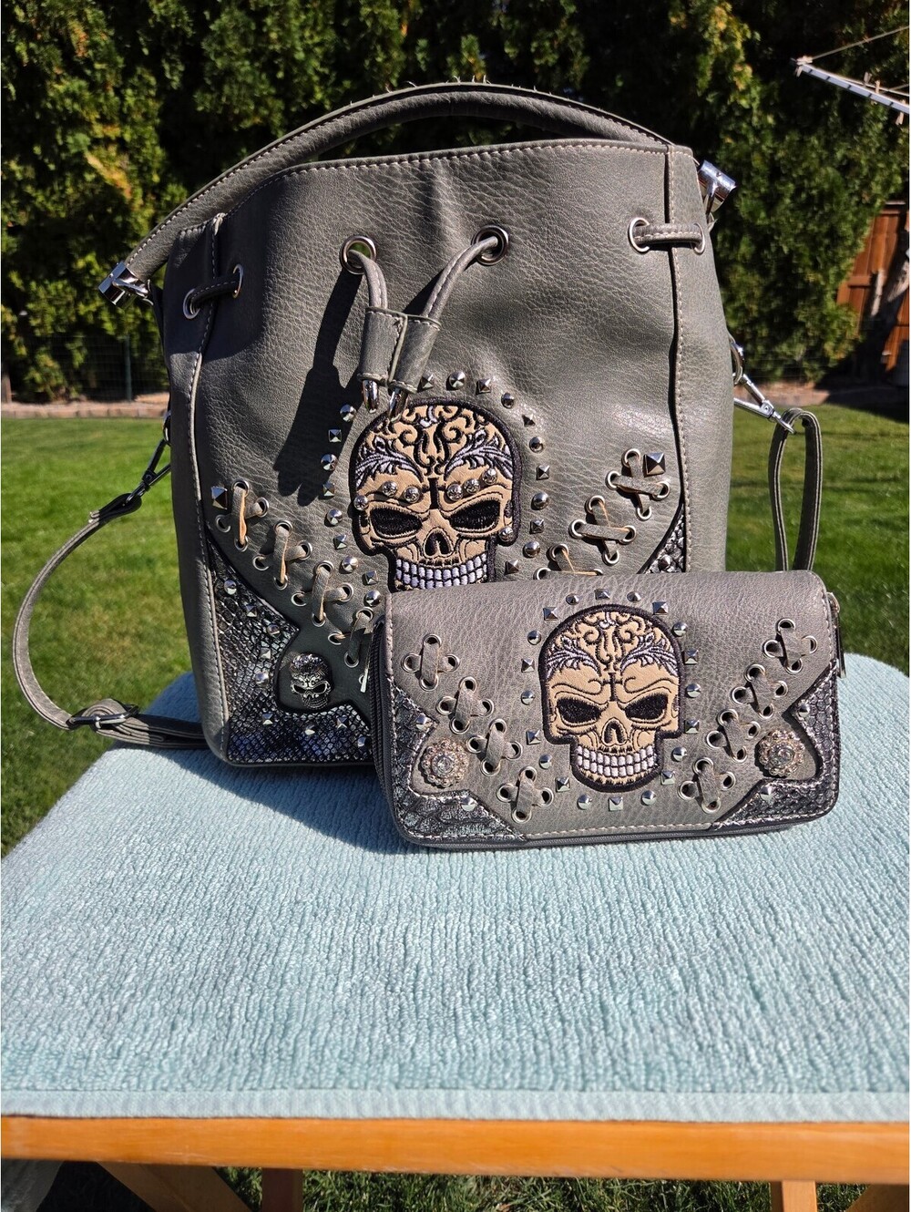 Cowgirl Trendy Skull Bucket Purse with Matching Wallet Set